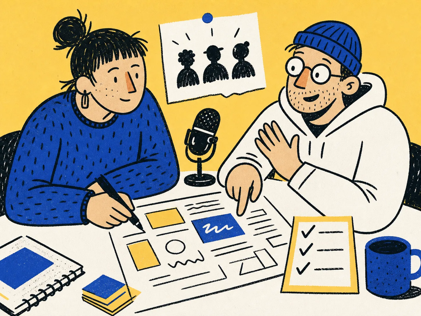 Two people collaborating on a creator launch at a desk
